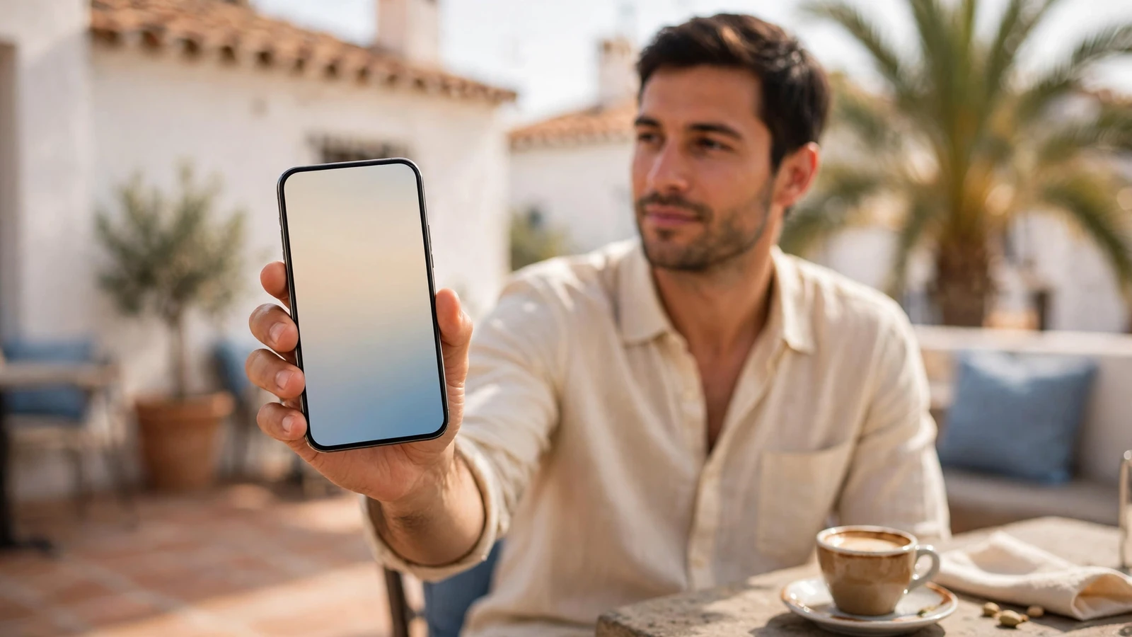 Persona sujetando un smartphone en una terraza soleada de España con café