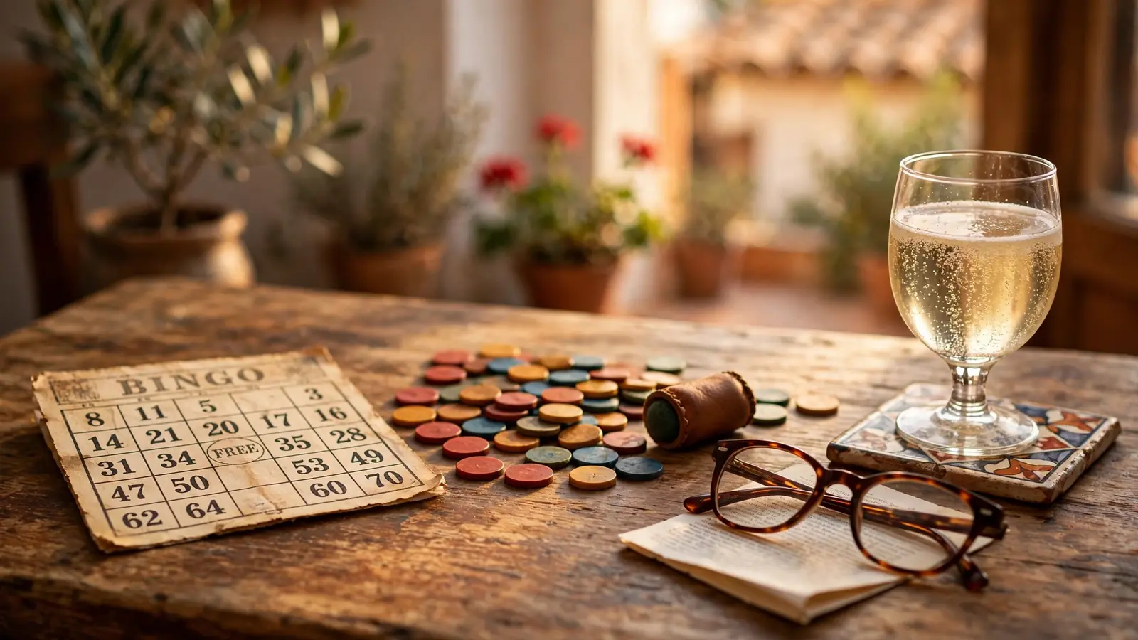 Cartón de bingo vintage, fichas de colores y gafas sobre papel con letra pequeña en mesa española iluminada