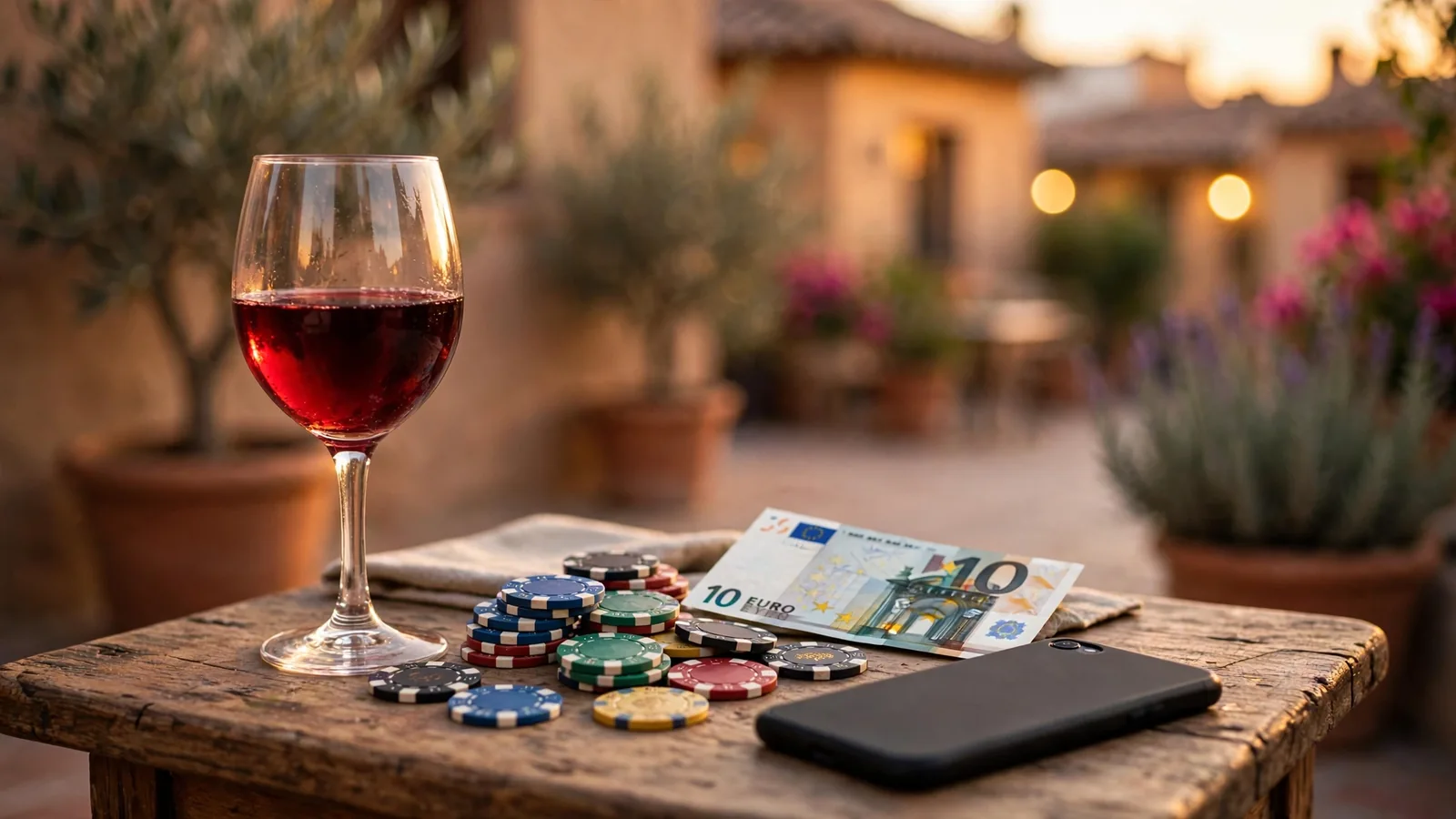 Mesa española con fichas de casino, un billete de diez euros y una copa de vino tinto bajo luz cálida mediterránea.