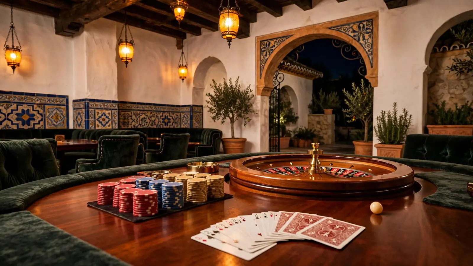 Mesa de casino con fichas, ruleta y cartas bajo luz cálida