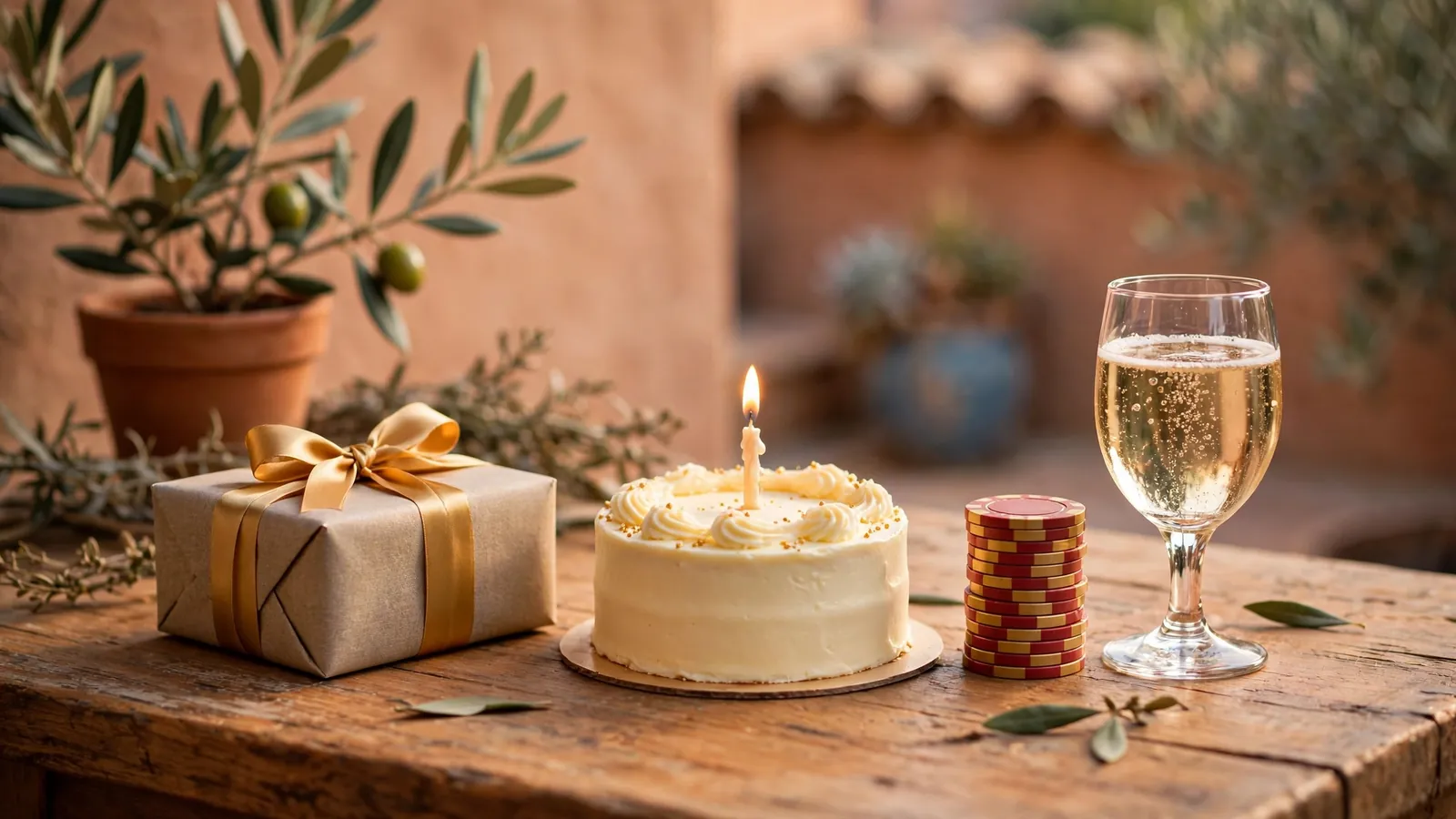 Regalo de cumpleaños con fichas de casino y copa de cava