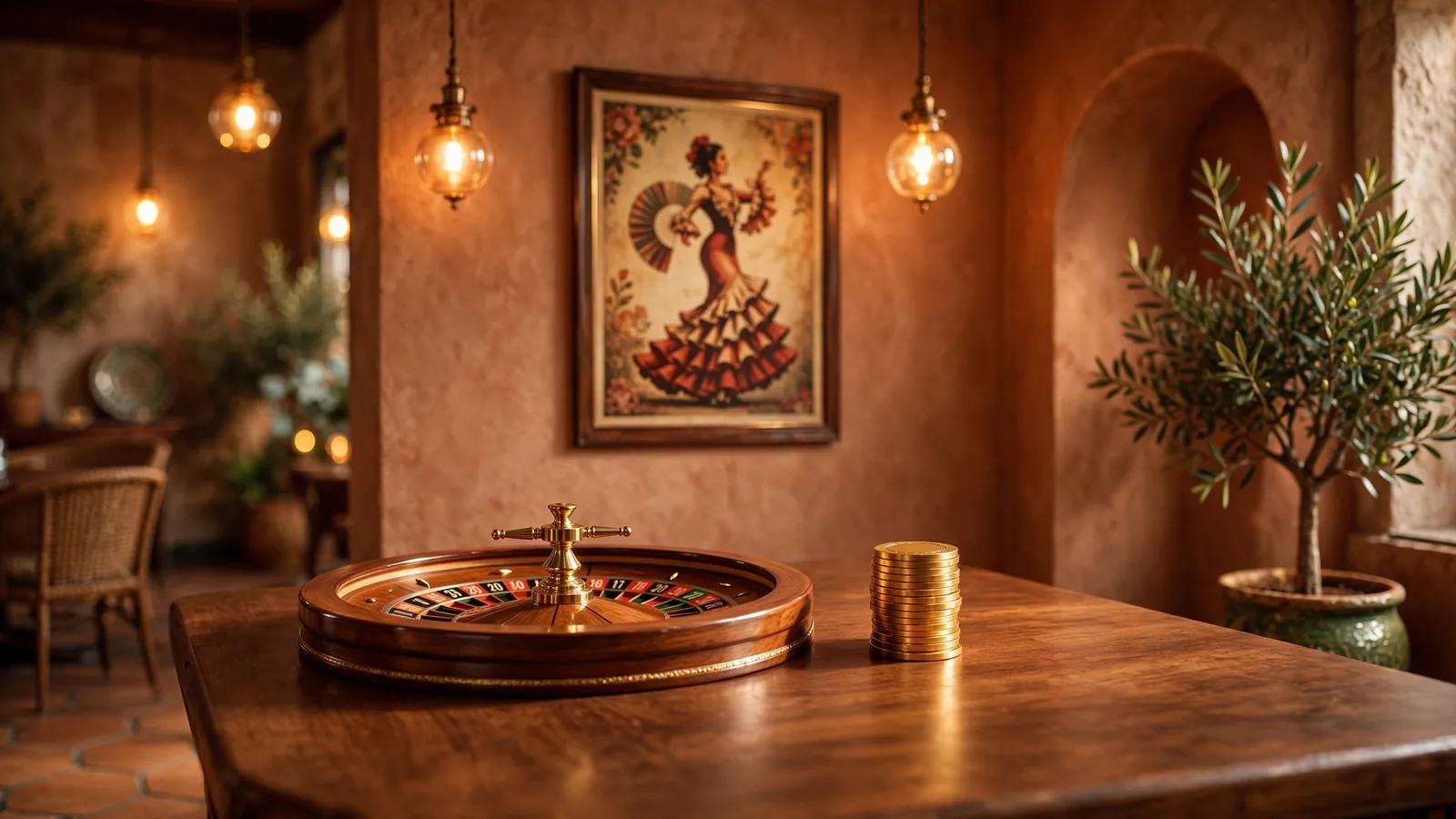 Mesa de ruleta con fichas doradas en salón de casino español