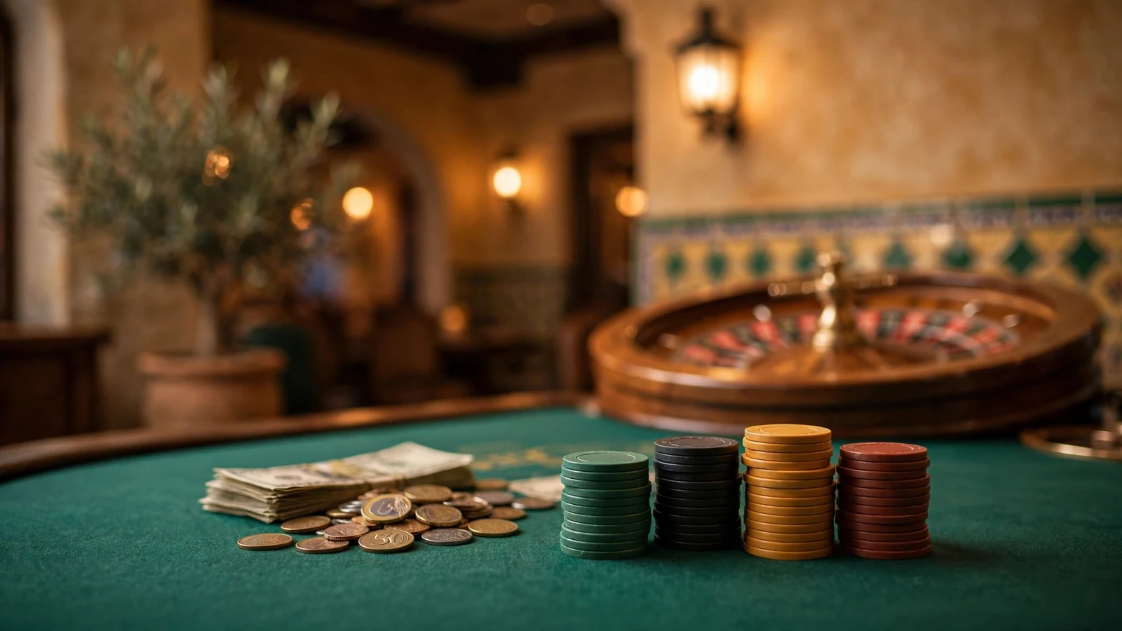 Mesa de casino con fichas y monedas devueltas, luz cálida
