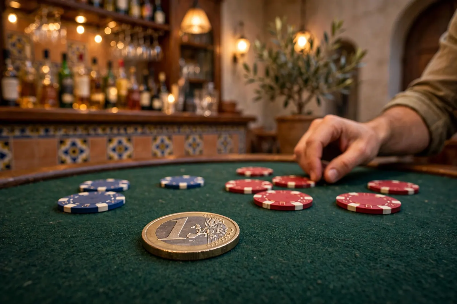 Una moneda de 1 euro sobre una mesa de casino con fichas de colores