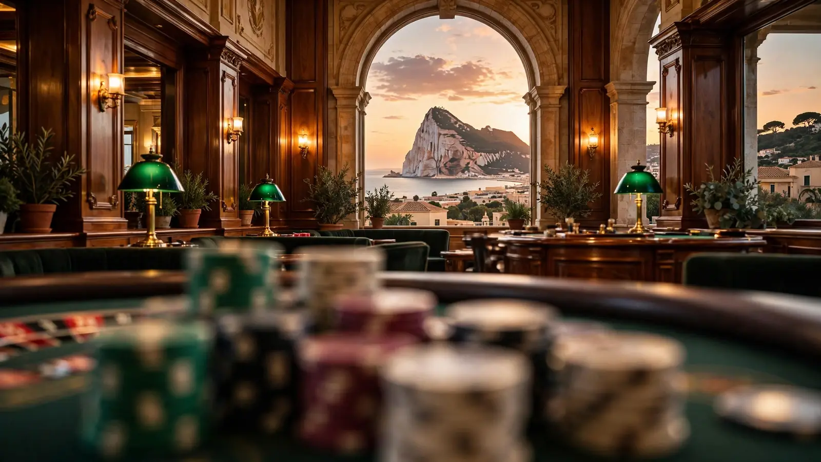 Elegante mesa de ruleta con vistas al Peñón de Gibraltar al atardecer