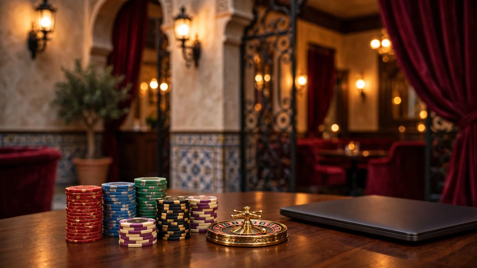 Salón elegante de casino español con fichas de colores, ruleta y portátil cerrado