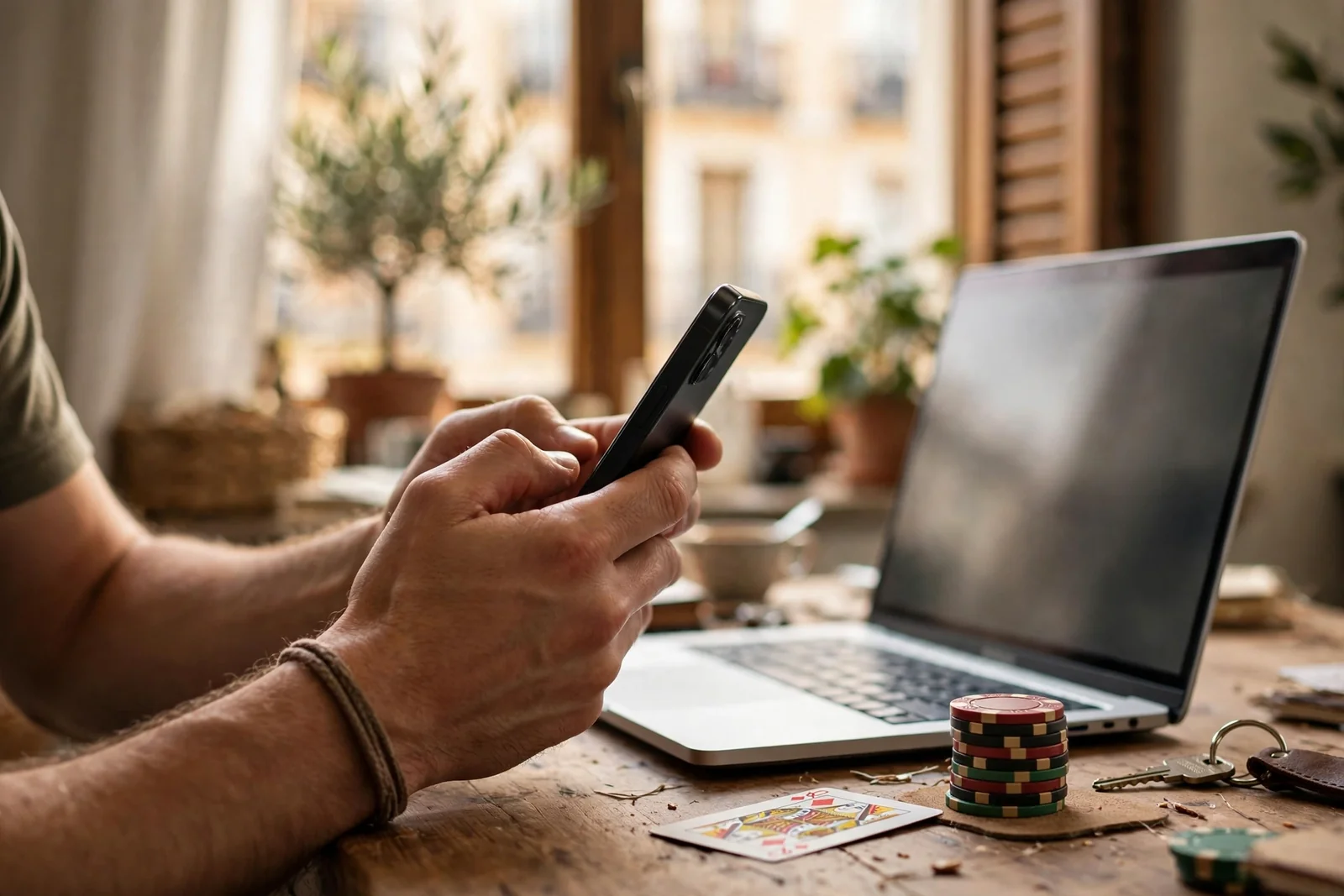 Manos con smartphone junto a portátil y fichas de casino