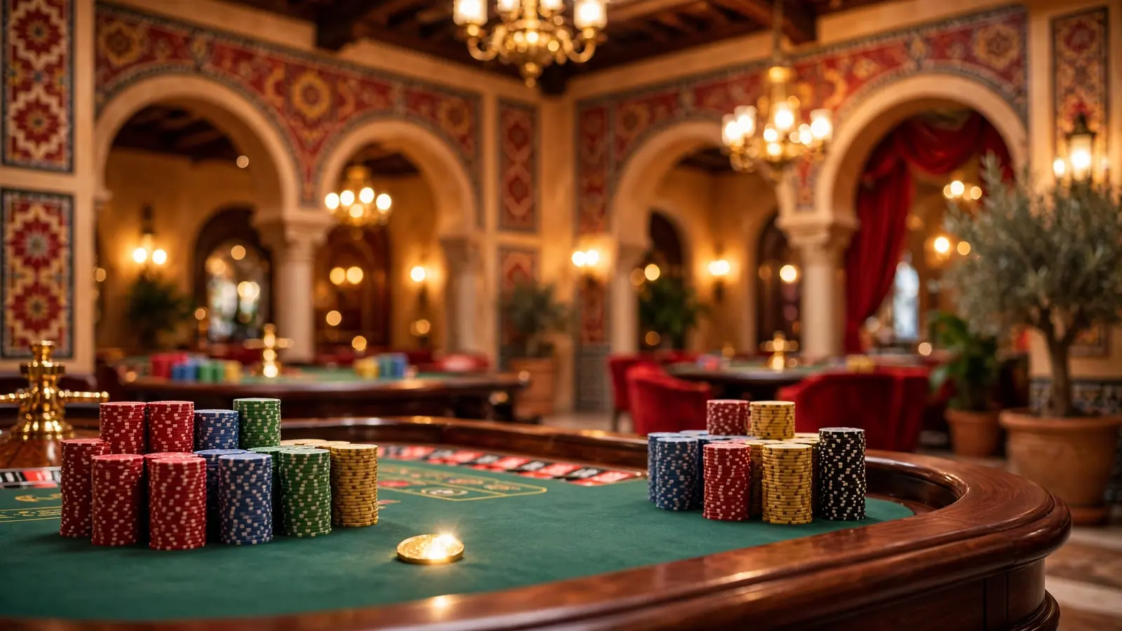 Interior elegante de casino español con ruleta y torres de fichas de colores sobre mesa de fieltro verde