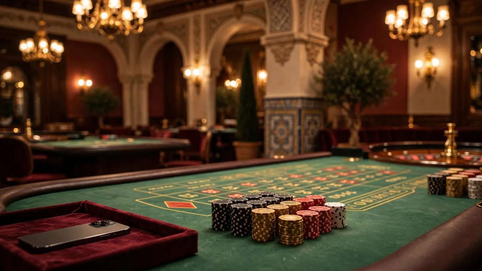 Mesa de ruleta con fichas en un casino español elegante por la noche