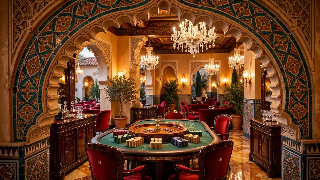Interior elegante de casino con ruleta, fichas y arco ornamental de estilo español