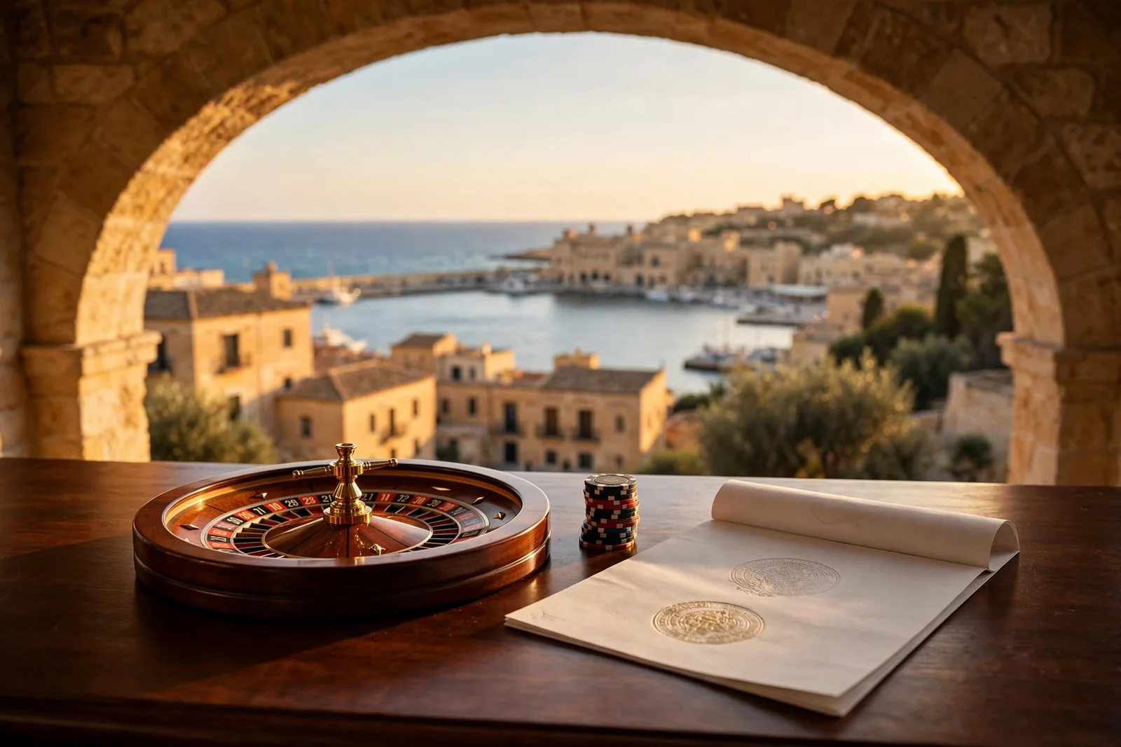 Mesa de ruleta con fichas y documento con sello, vista al puerto de Malta al atardecer