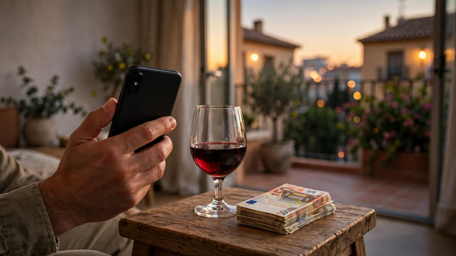 Mano sujetando smartphone junto a billetes en euros y vino en apartamento español