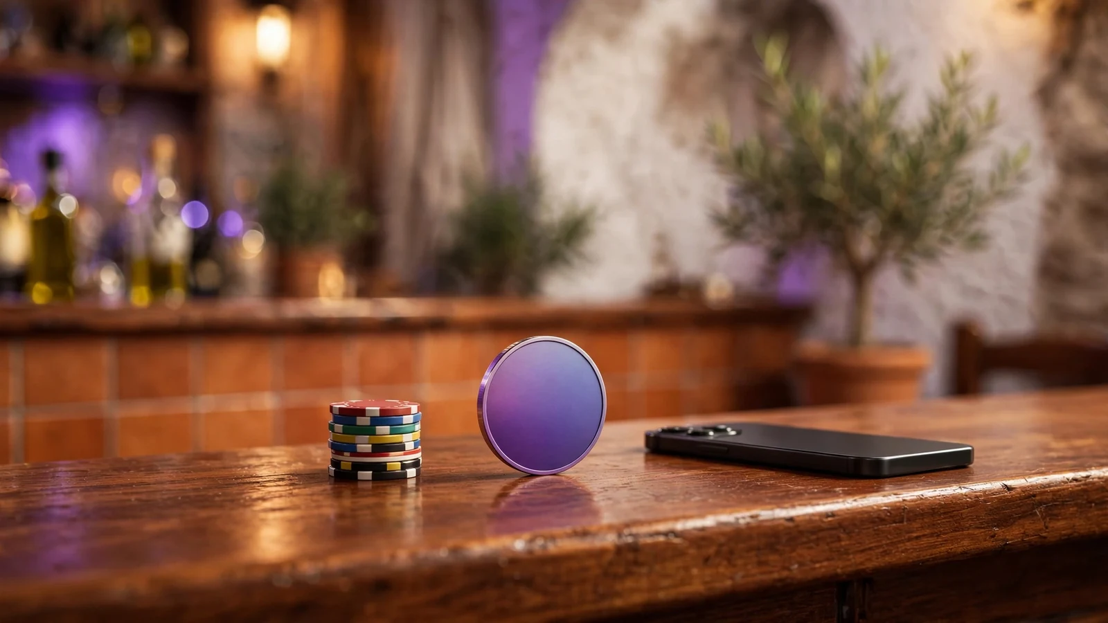 Fichas de casino, moneda Solana y smartphone sobre una barra española