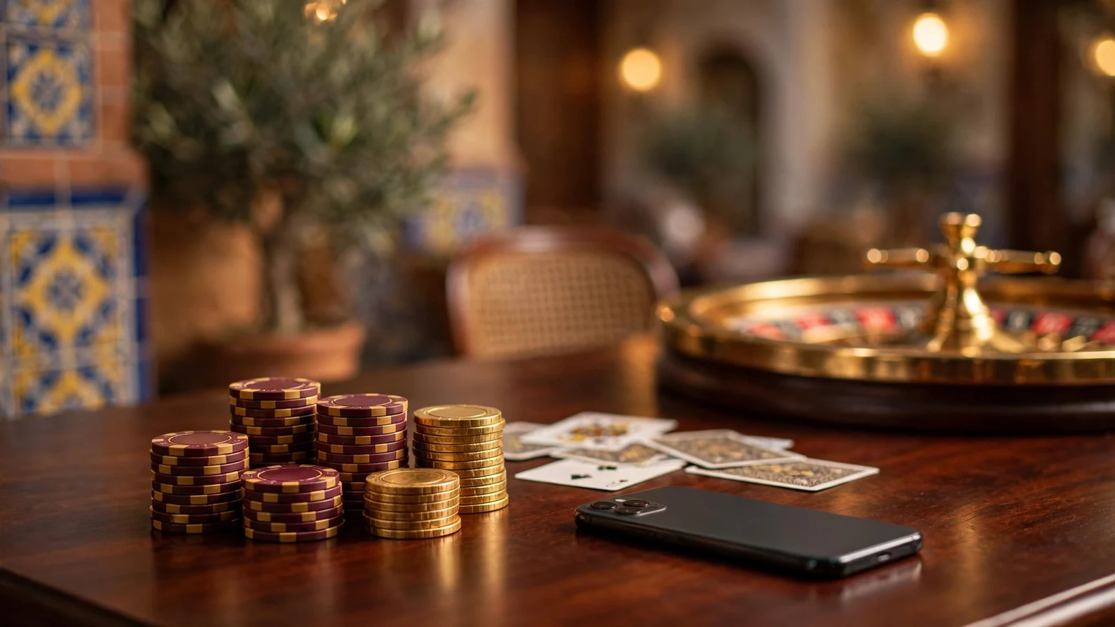 Mesa elegante de casino con fichas doradas, cartas y ruleta en ambiente español cálido