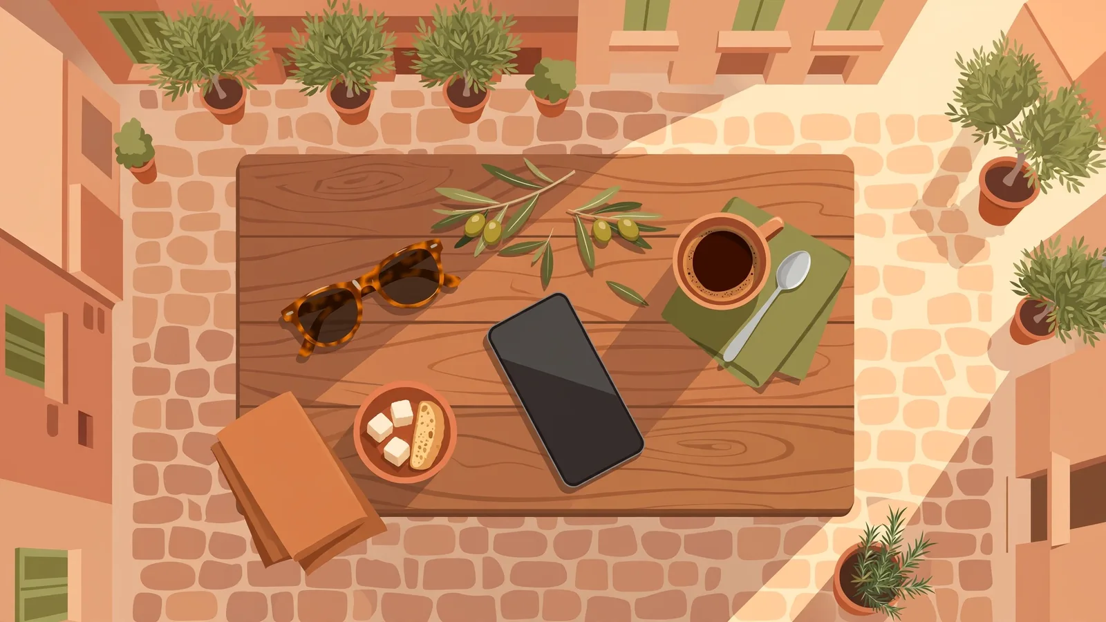 Móvil boca abajo en una mesa de terraza española con café