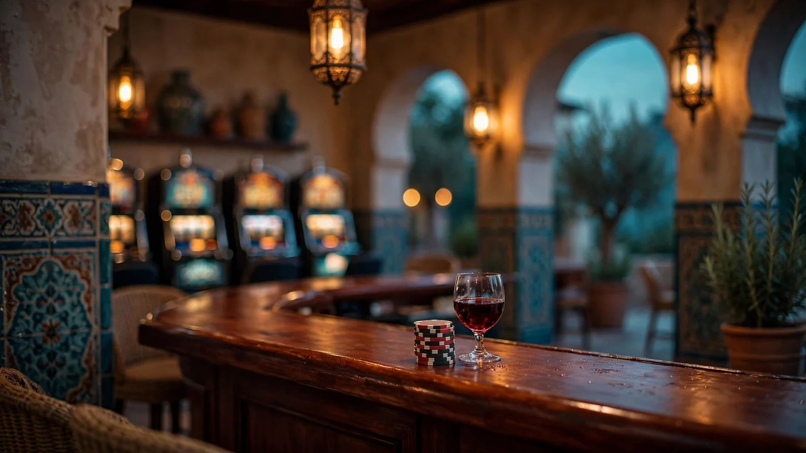 Ambiente relajado de salón de juego con fichas y copa de vino al fondo