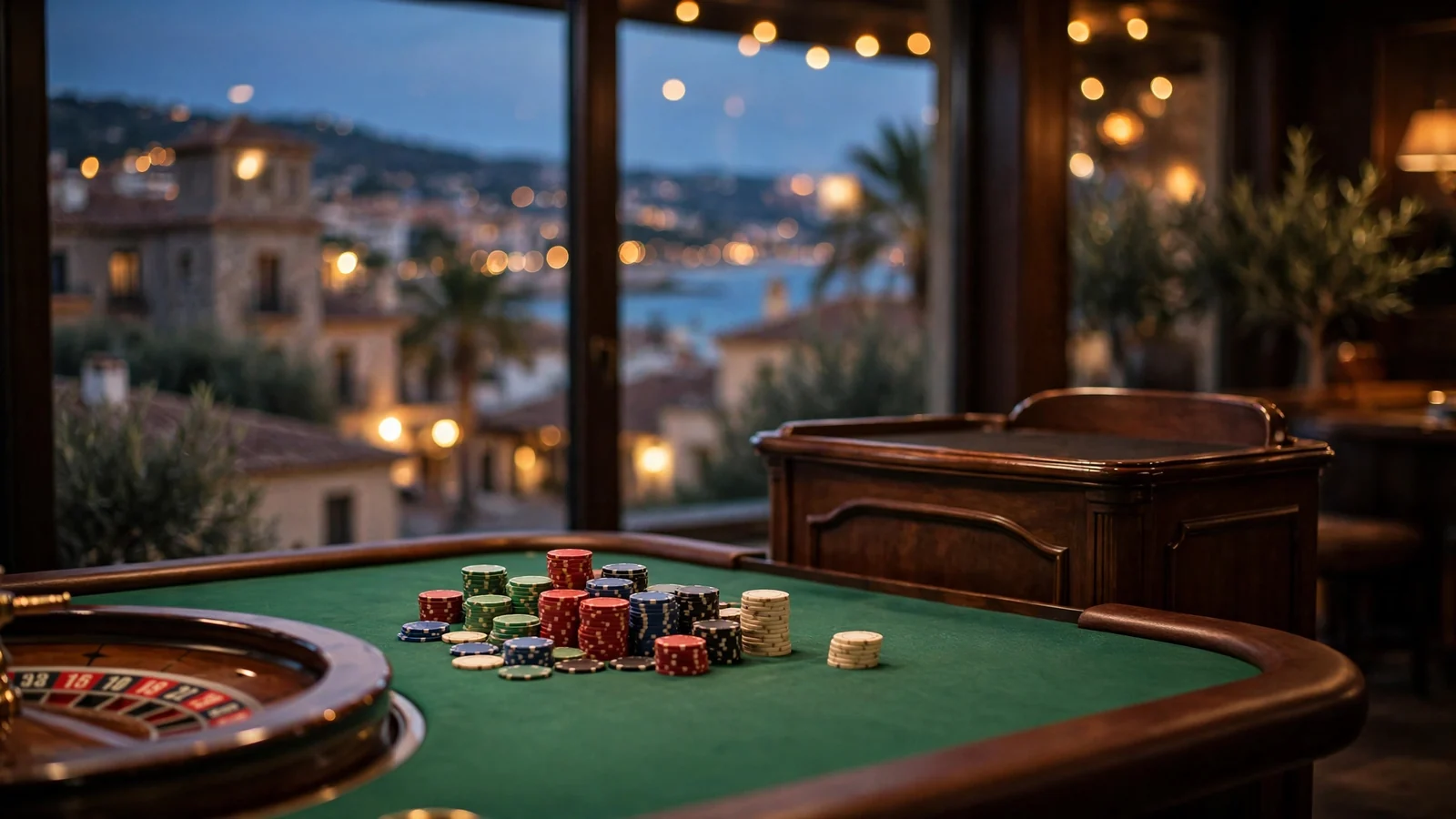 Mesa de ruleta en vivo con fichas en estudio de casino español iluminado