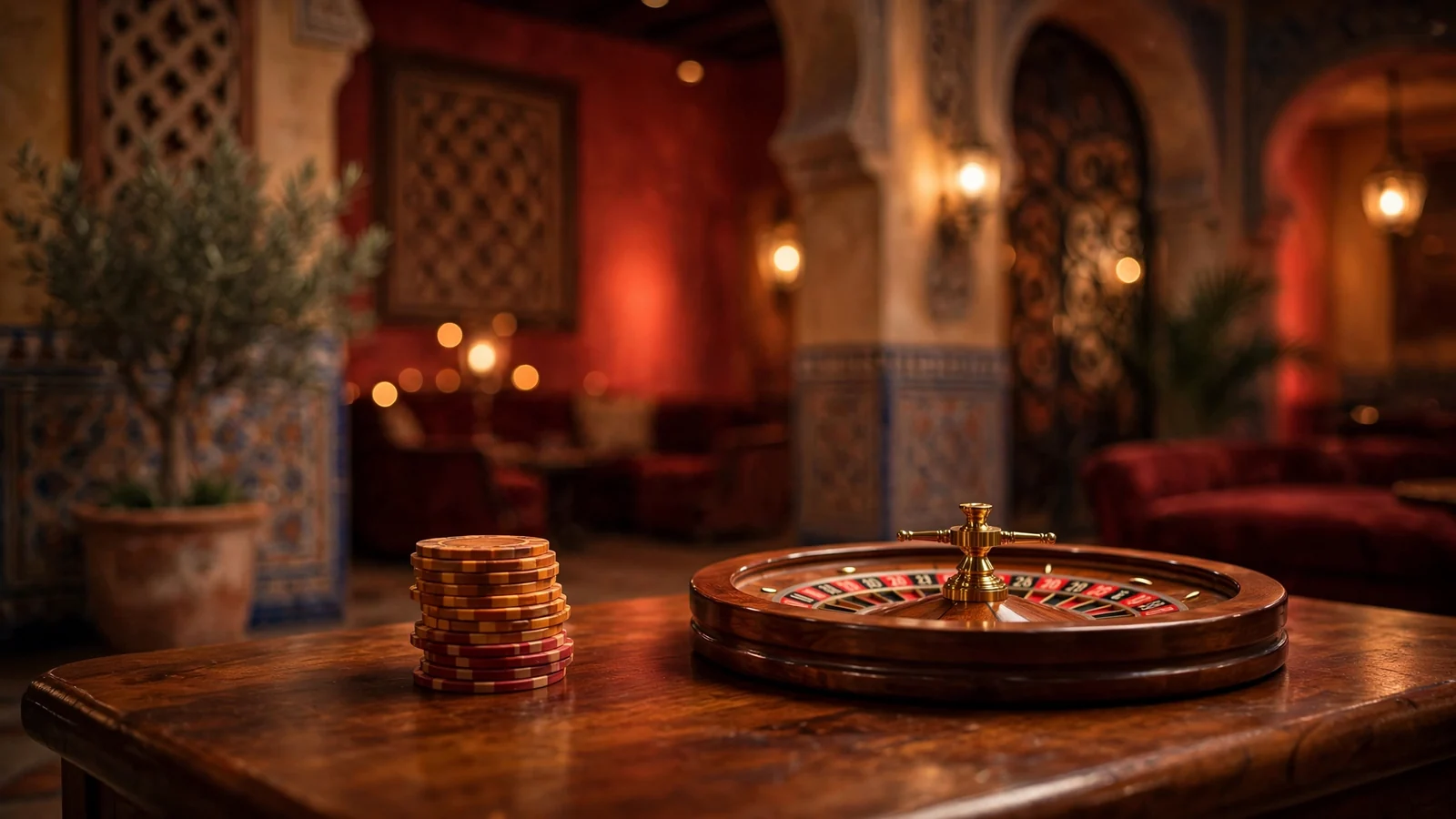 Elegante salón de casino con fichas y ruleta iluminados con luz cálida