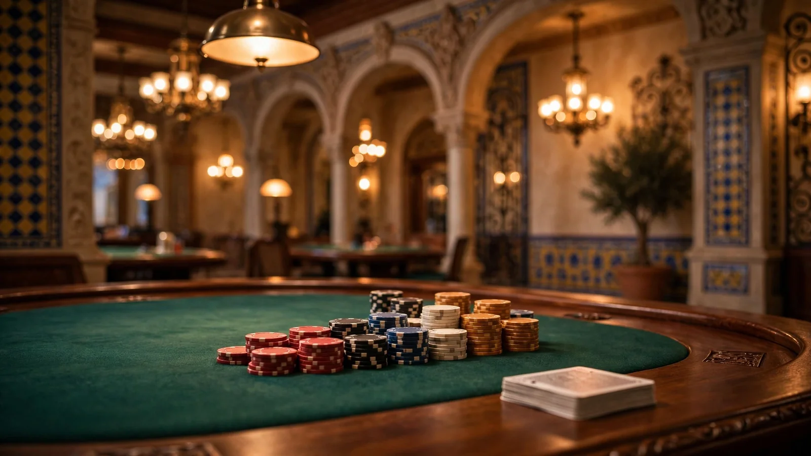 Mesa de póker de casino con fichas y baraja en salón elegante español