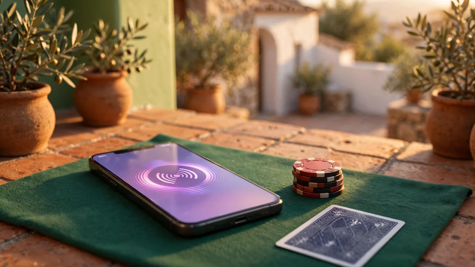 Teléfono con pago contactless junto a fichas y cartas en terraza mediterránea española