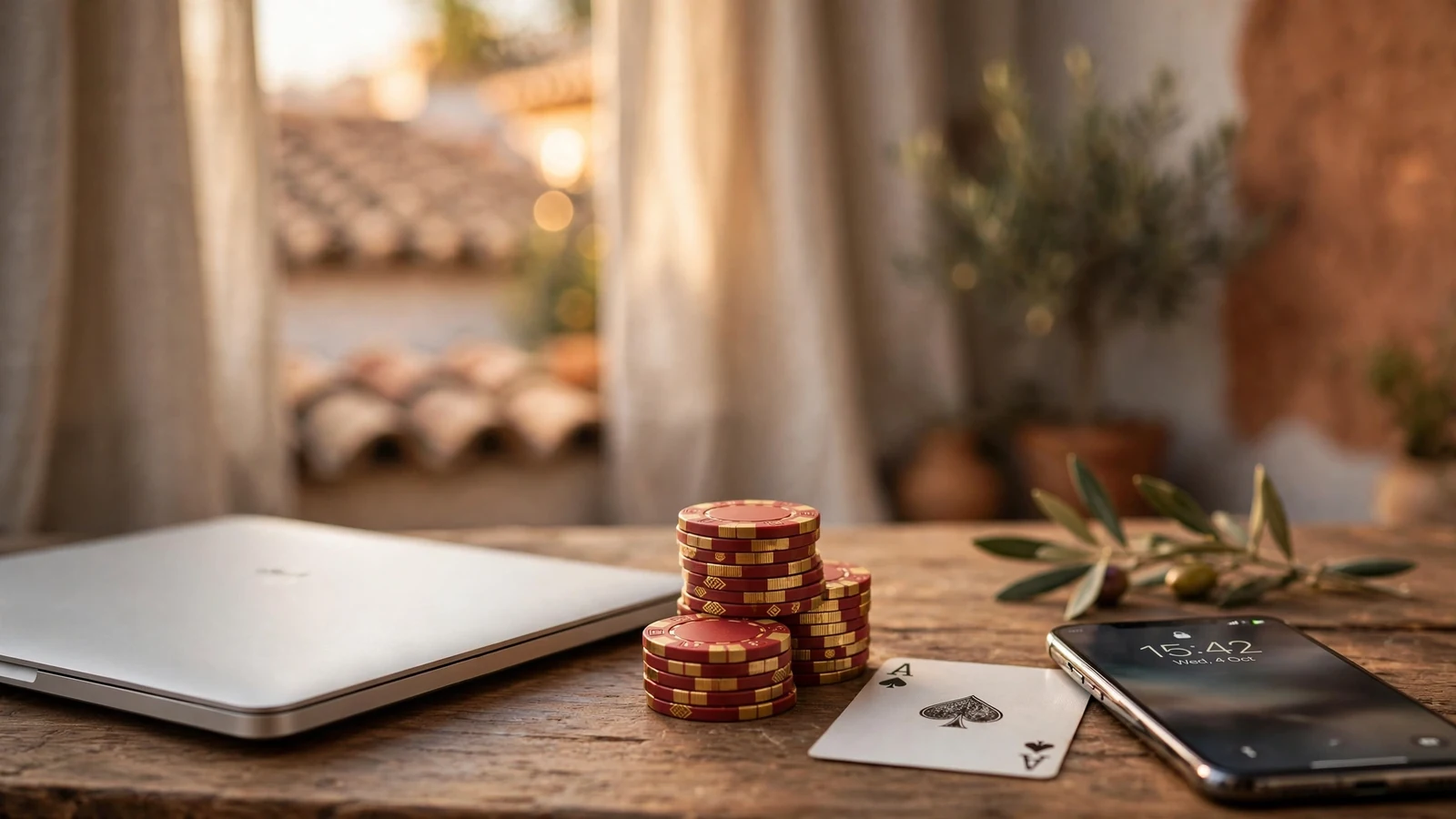 Mesa de madera con fichas de casino, laptop cerrada y smartphone junto a ventana mediterránea