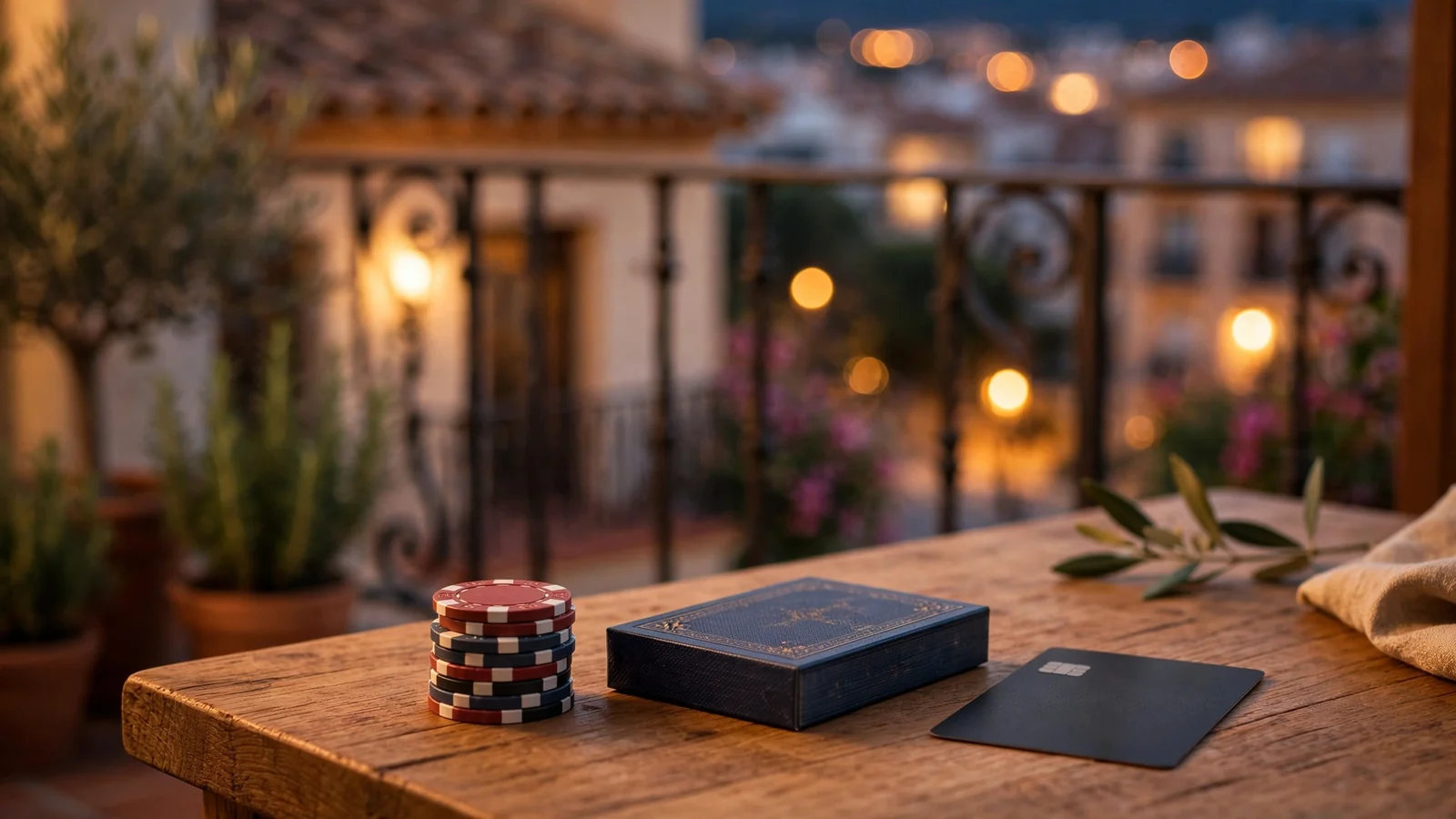 Fichas de casino, baraja cerrada y tarjeta Revolut sobre mesa en interior español