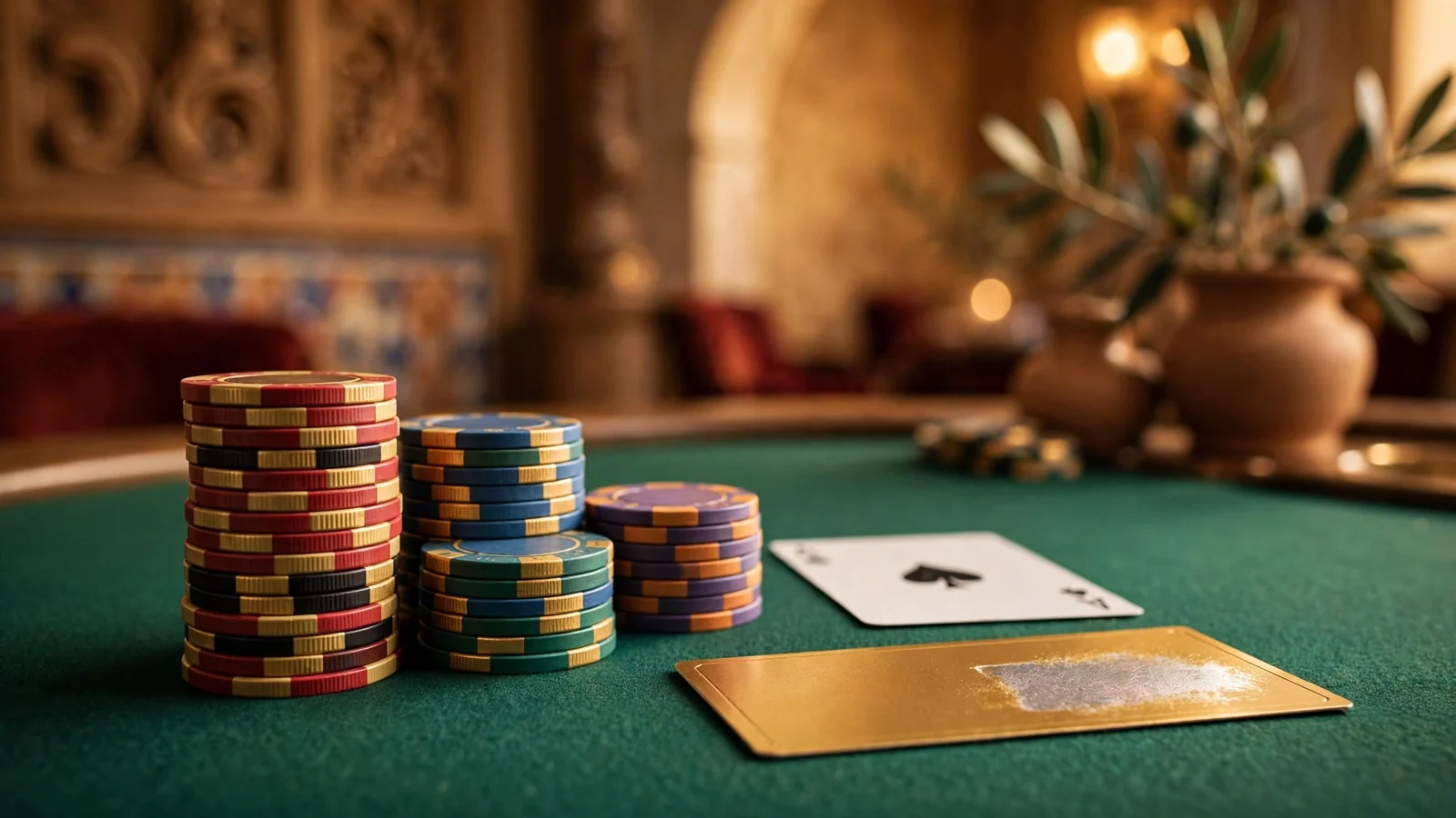 Mesa de casino con fichas, carta y vale prepago dorado estilo Paysafecard
