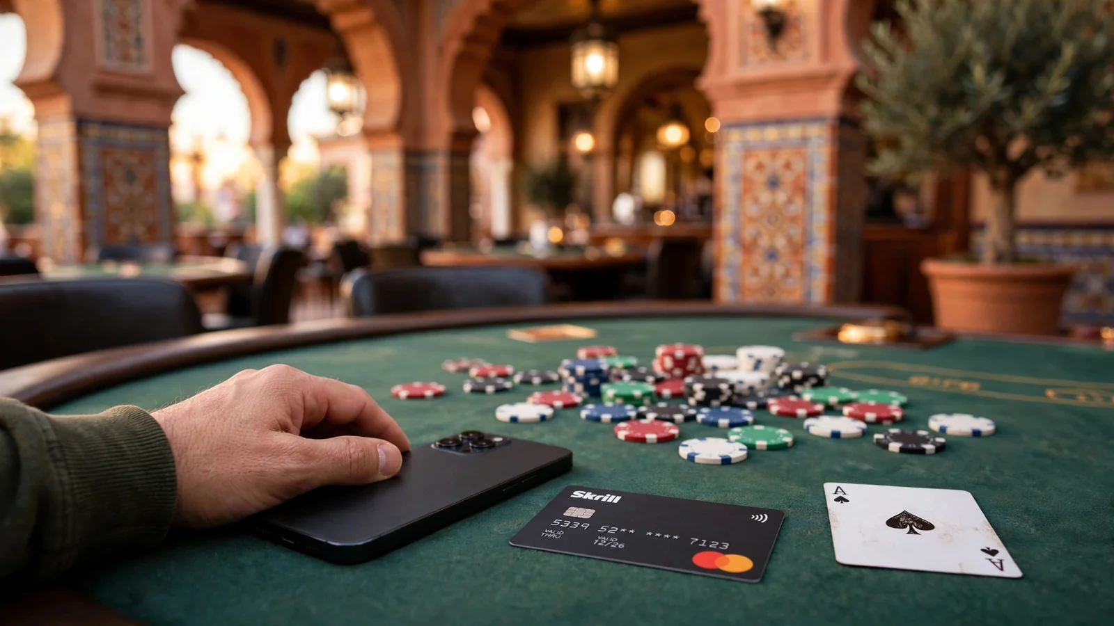 Mano con smartphone y monedero electrónico junto a fichas de casino en elegante sala española