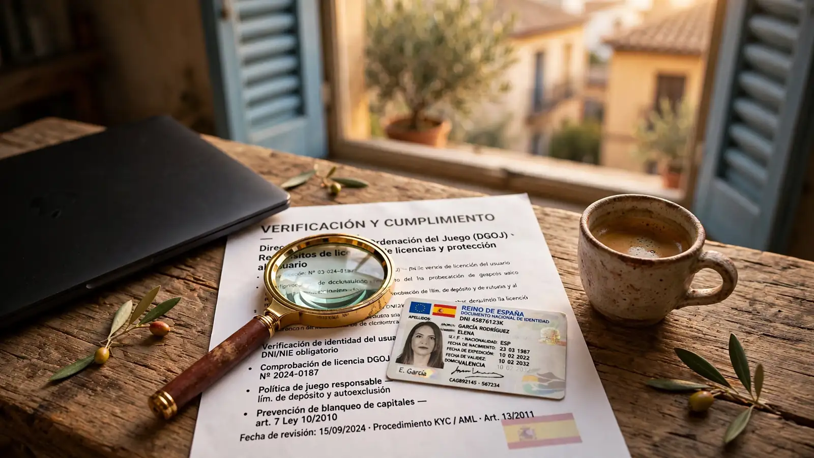 Mesa con documentos, DNI y lupa bajo luz mediterránea en España