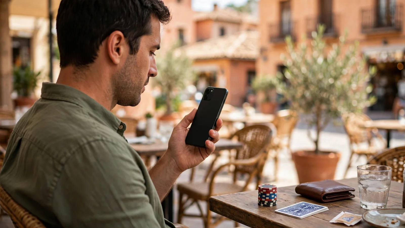 Mano sosteniendo un smartphone con pantalla oculta junto a fichas de casino en una terraza española