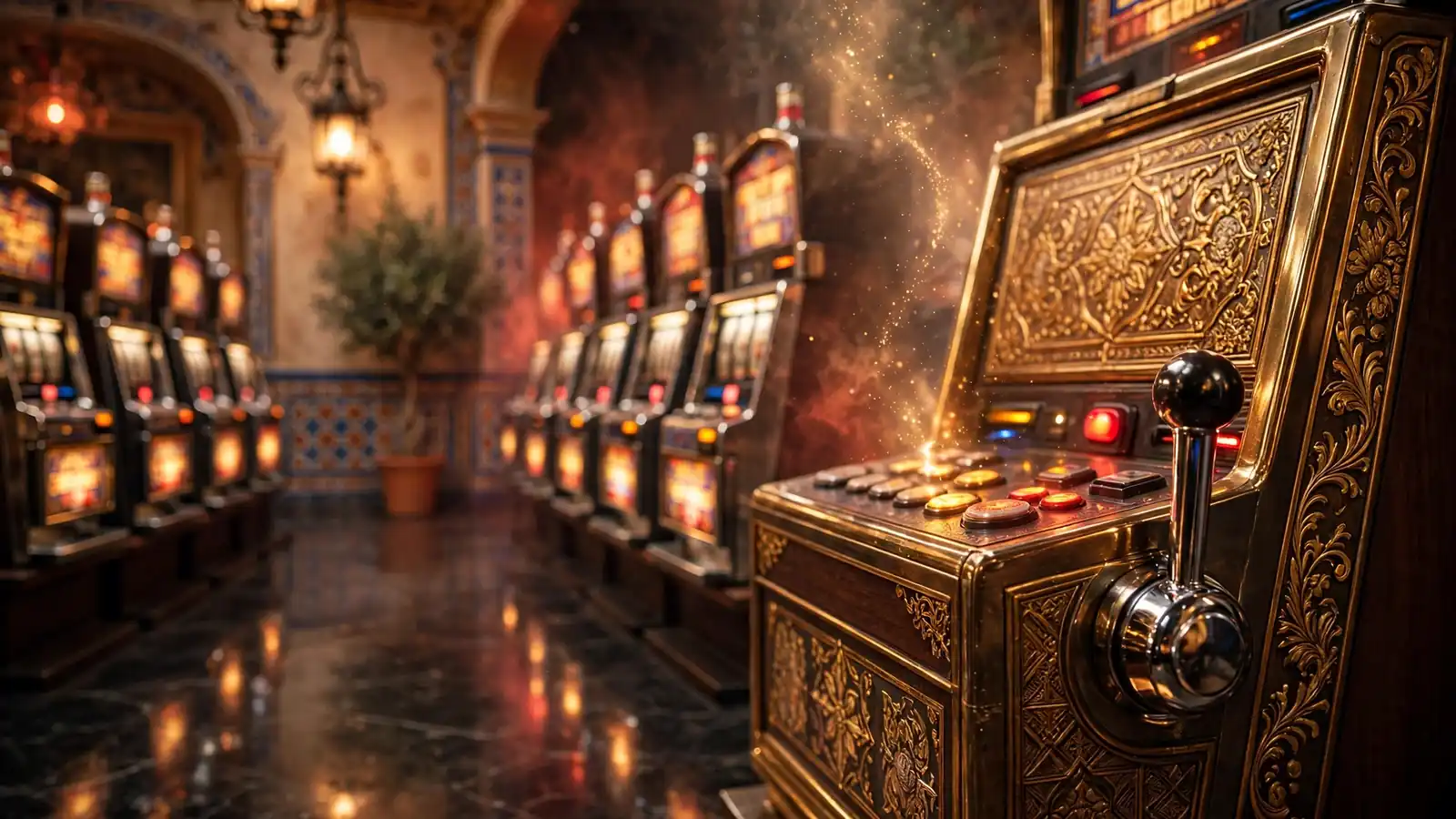 Interior de salón de juegos español con máquinas tragaperras iluminadas reflejando ambiente dorado