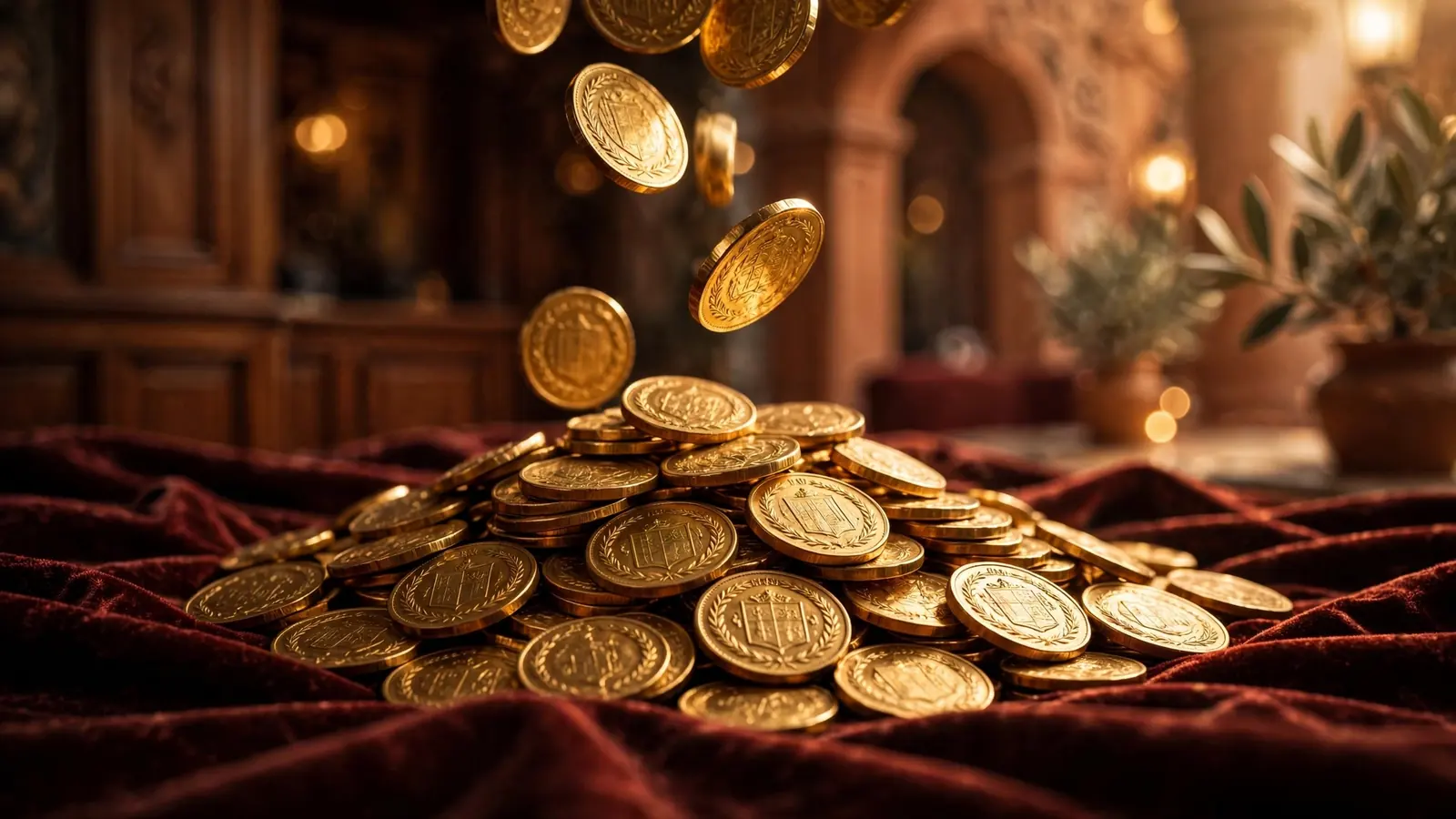 Monedas de oro en cascada con luz cálida mediterránea, ambiente de casino español