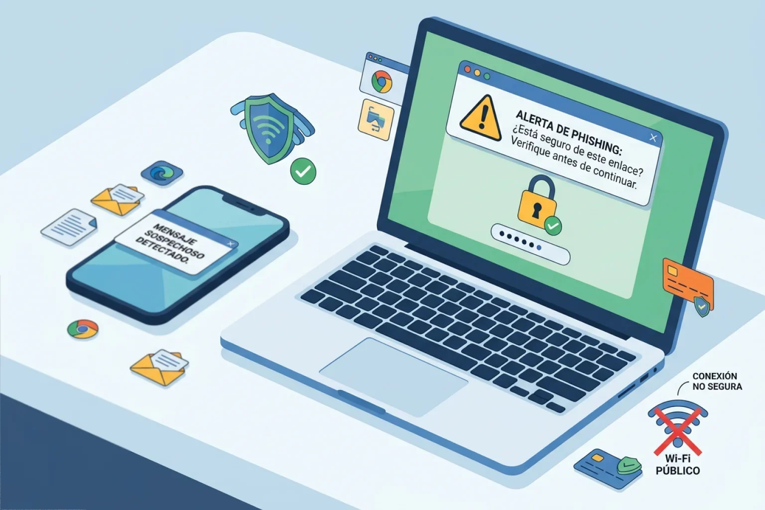 Pantalla con alerta de phishing, candado y hábitos de protección de datos personales